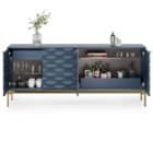 Blue contemporary storage credenza with open doors showing glasses and drinks