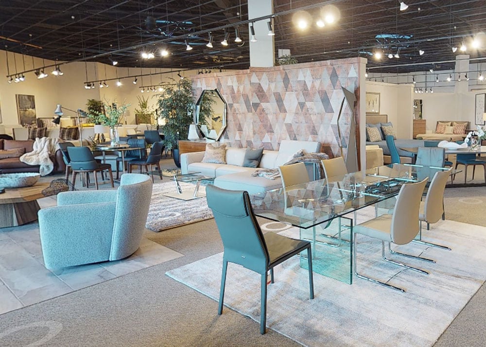 Modern dining table, chairs, and contemporary home decor in San Francisco Design Park City furniture store