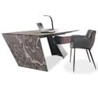 metal and marble contemporary desk with leather chair and laptop